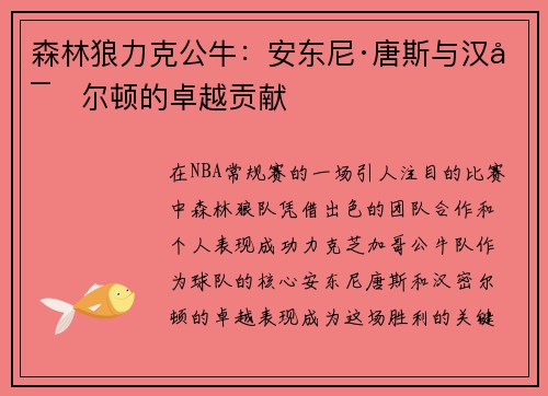 森林狼力克公牛：安东尼·唐斯与汉密尔顿的卓越贡献