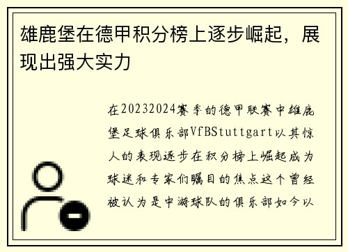雄鹿堡在德甲积分榜上逐步崛起，展现出强大实力
